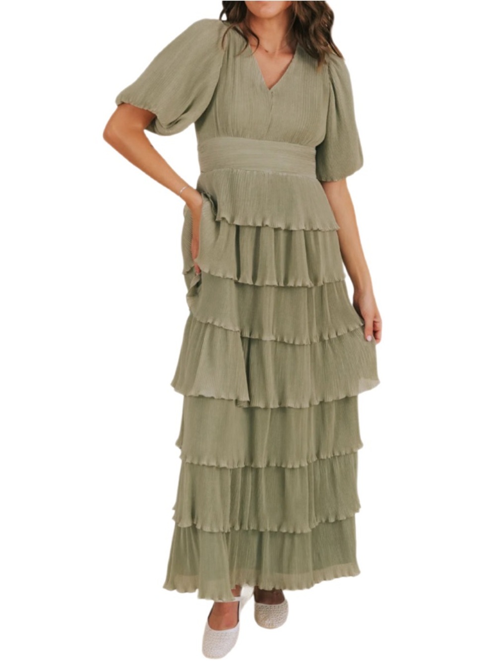 Olive Tiered Maxi Dress with V-Neck